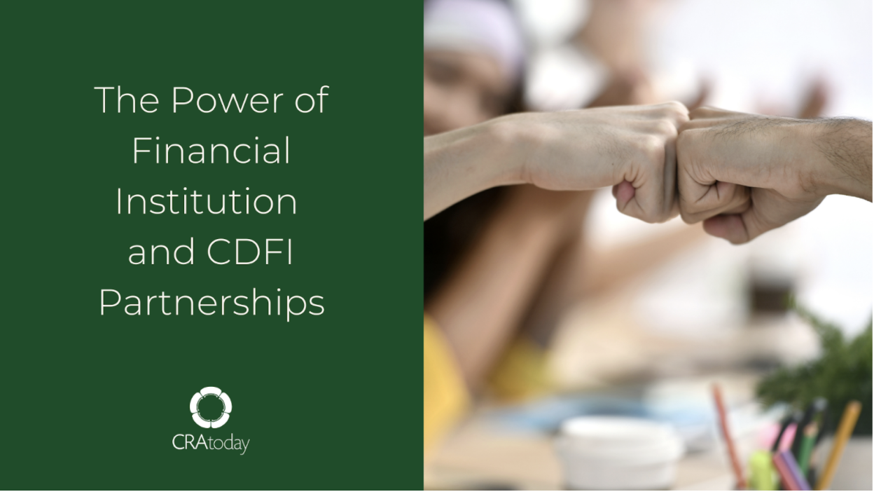 Two people bumping fists with words "The power of financial institution and CDFI partnerships" written